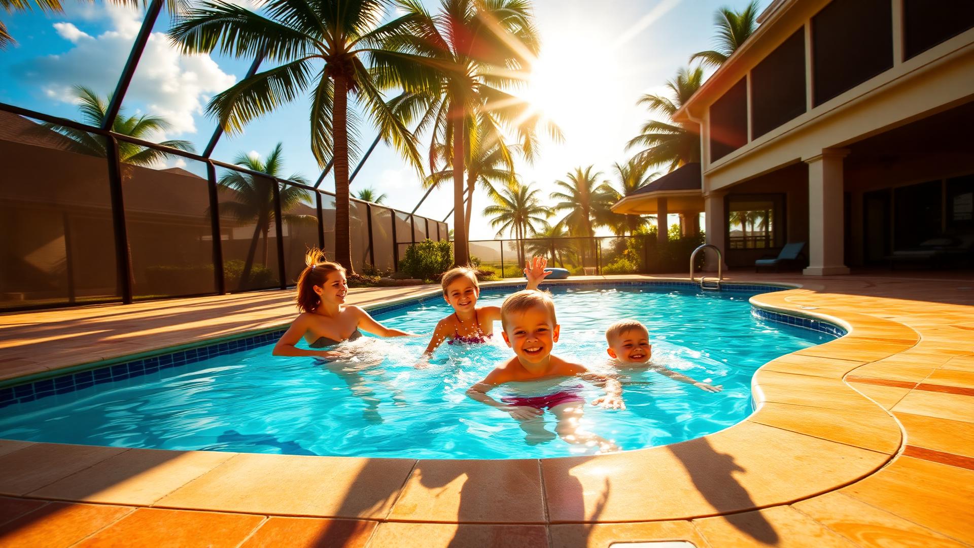 Crystal clear Florida swimming pool with palm trees